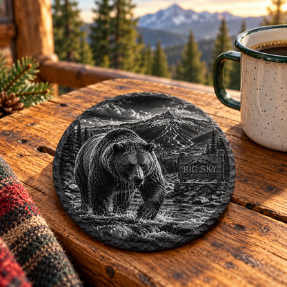 Grizzly Bear Slate Coaster — lifestyle view of the engraved black slate coaster on a Montana cabin table.
