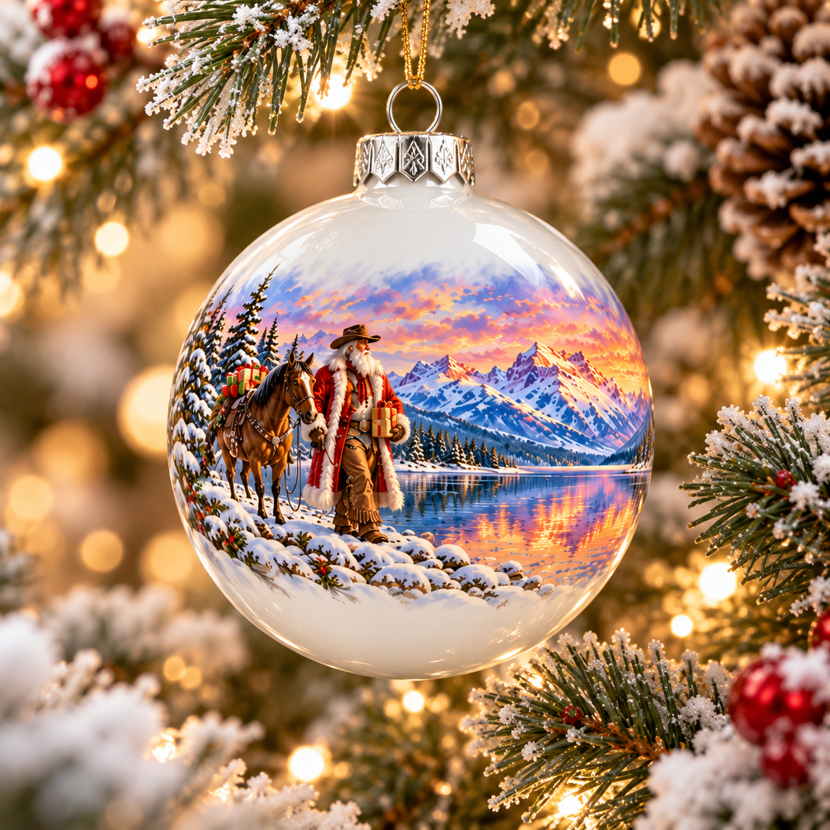 Glacier Cowboy Santa white glass ornament hanging on a Christmas tree, visual concept