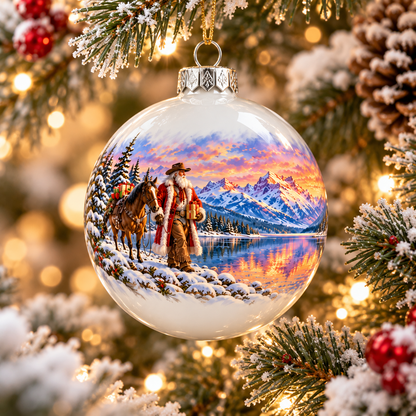 Glacier Cowboy Santa white glass ornament hanging on a Christmas tree, visual concept