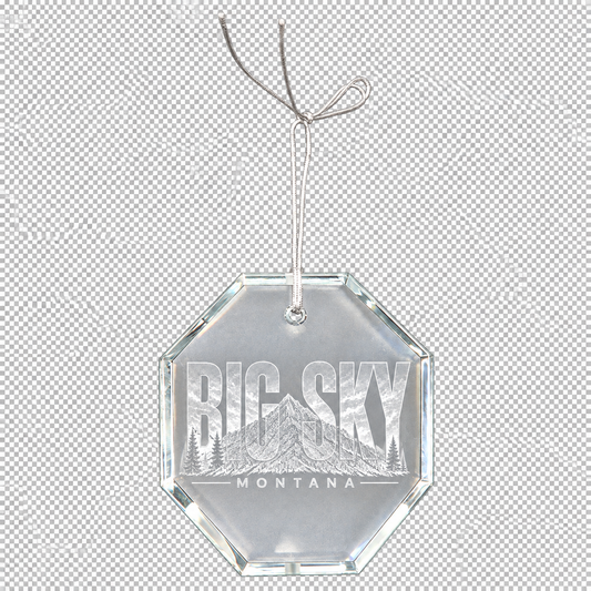 Faceted octagon crystal ornament with centered suspended Big Sky Montana hologram engraving
