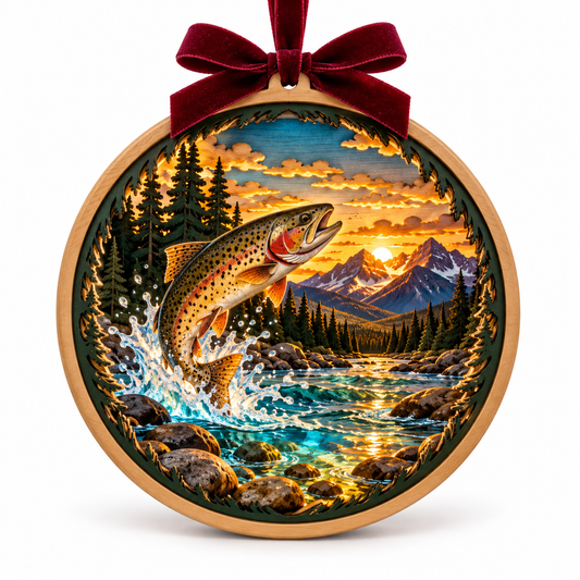 Big Sky Montana — Cutthroat Trout light-up ornament in the original simple natural-wood frame with burgundy bow