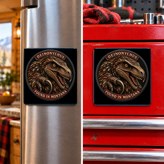 Montana Dinosaur Adventure — Deinonychus square magnet shown on a refrigerator and toolbox