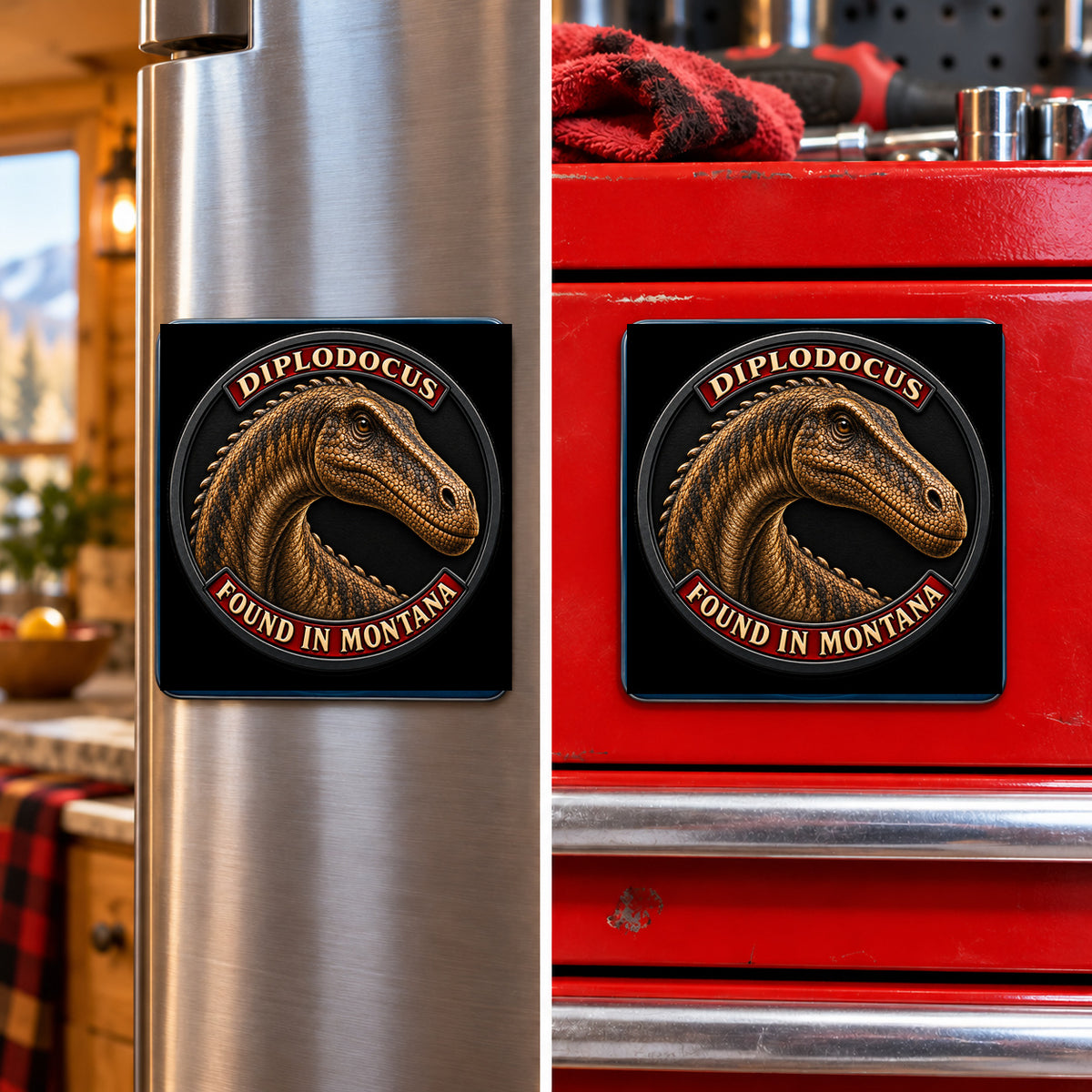 Montana Dinosaur Adventure — Diplodocus square magnet shown on a refrigerator and toolbox