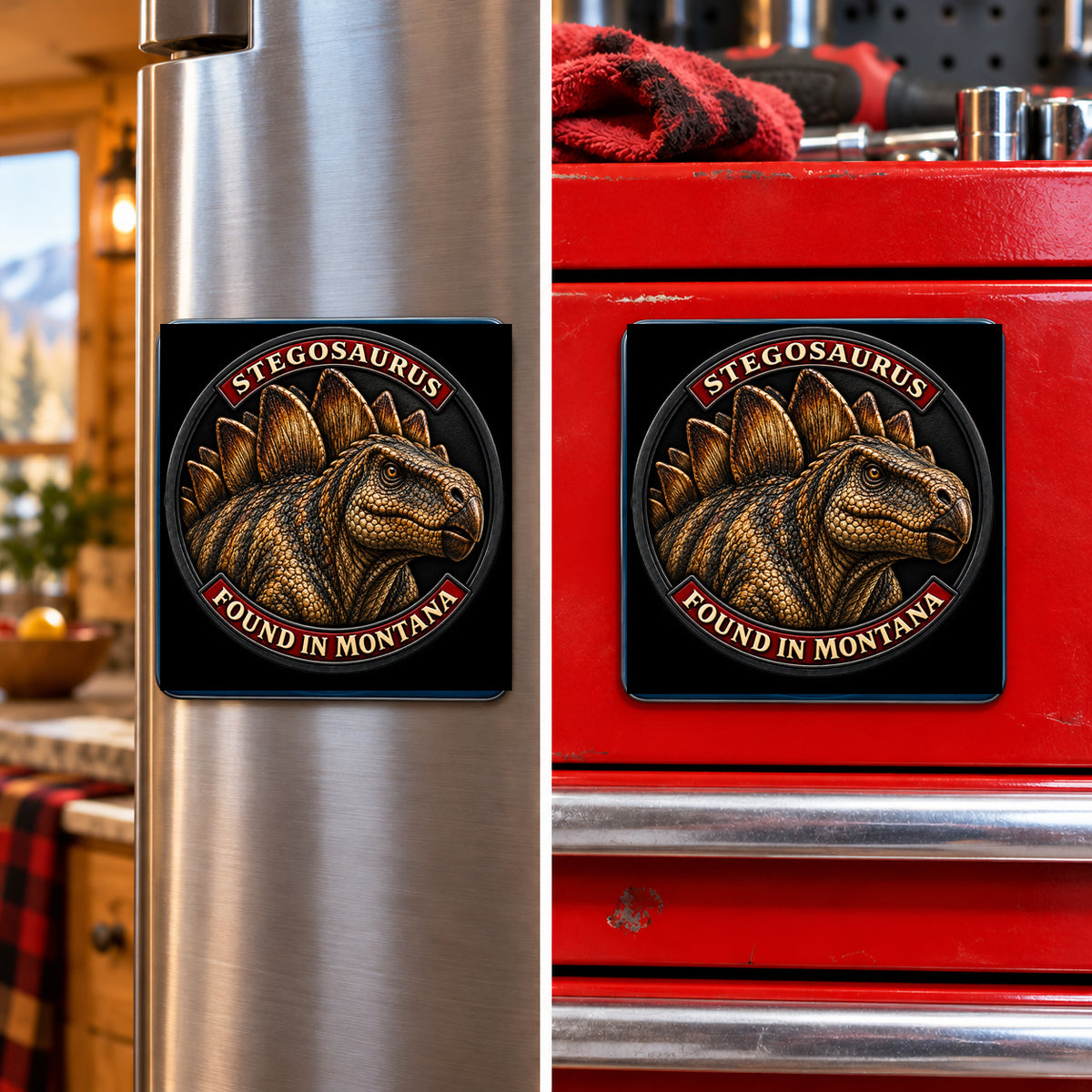 Montana Dinosaur Adventure — Stegosaurus square magnet shown on a refrigerator and toolbox