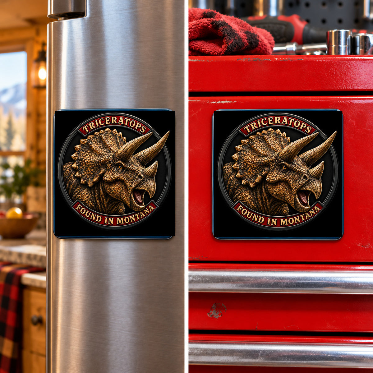 Montana Dinosaur Adventure — Triceratops square magnet shown on a refrigerator and toolbox