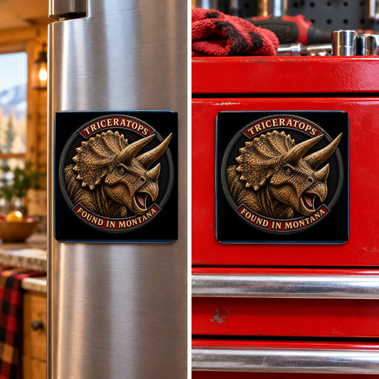 Montana Dinosaur Adventure — Triceratops square magnet shown on a refrigerator and toolbox
