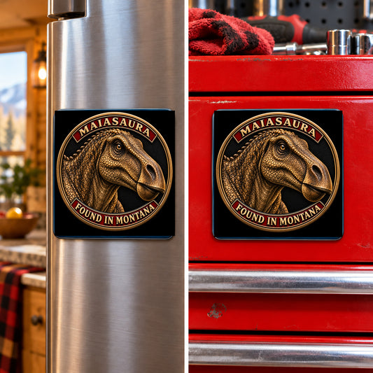 Montana Dinosaur Adventure — Maiasaura square magnet shown on a refrigerator and toolbox