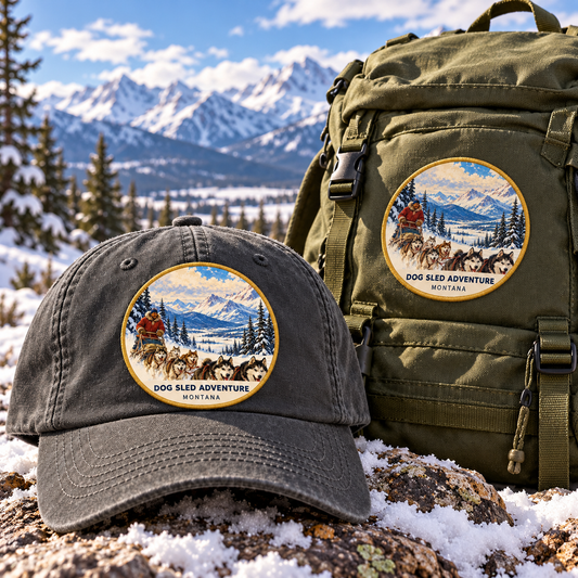 Dog Sled Adventure Montana Patch - Classic patch shown on a cap and hiking backpack