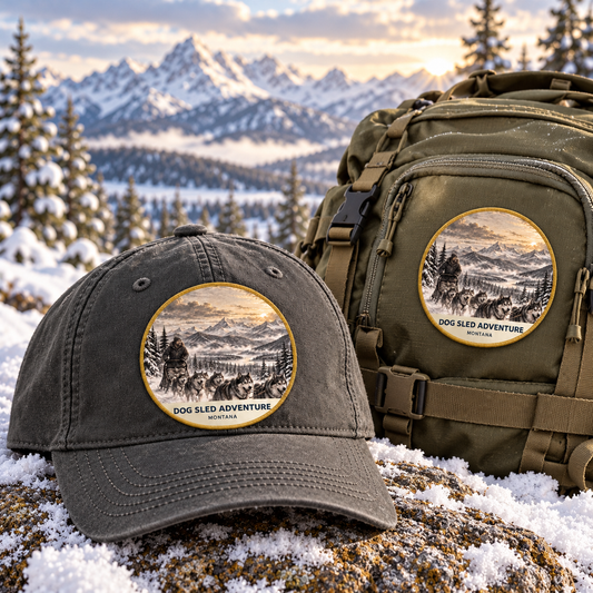 Dog Sled Adventure Montana Patch - Signature patch shown on a cap and hiking backpack