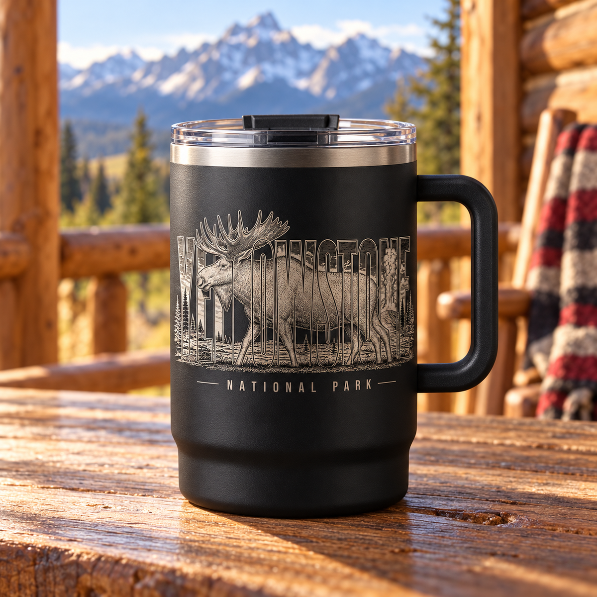 Yellowstone Moose handled mug — porch lifestyle