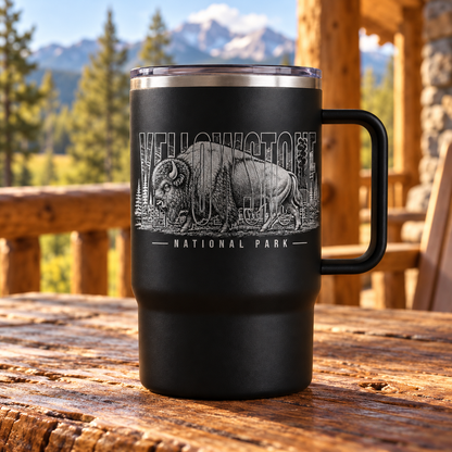 Yellowstone Bison handled mug — porch lifestyle