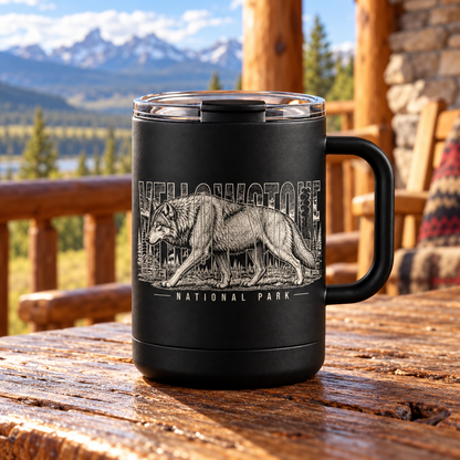Yellowstone Wolf handled mug — porch lifestyle