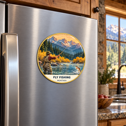 Fly Fishing Classic printed magnet on a refrigerator