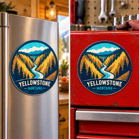 Yellowstone — Grand Canyon Magnet lifestyle scene: refrigerator and toolbox