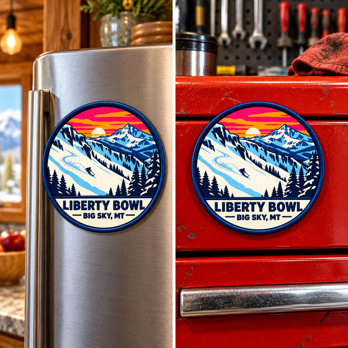 Big Sky Montana — Liberty Bowl Magnet lifestyle scene: refrigerator and toolbox
