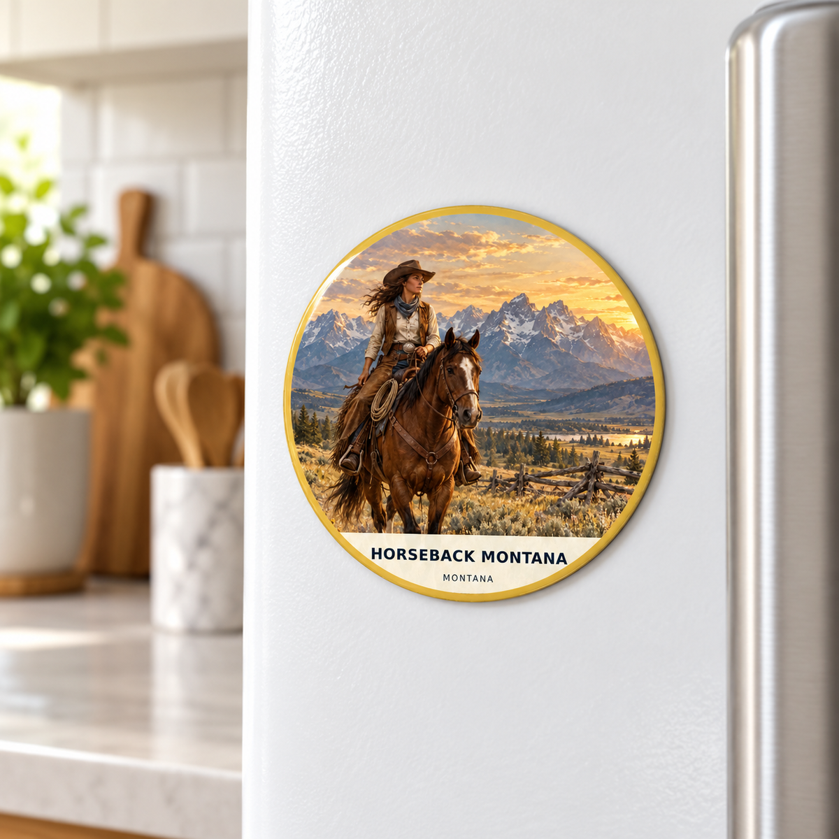 Horseback Montana Signature magnet lifestyle on refrigerator
