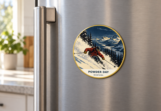Powder Day Montana Retro magnet on refrigerator