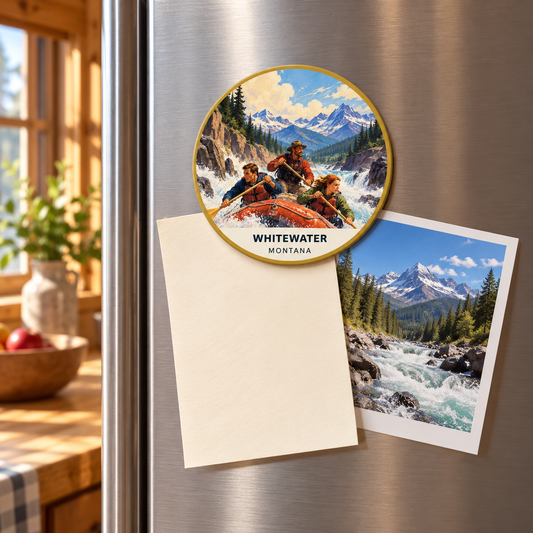 Whitewater Classic 2-inch magnet shown on a refrigerator