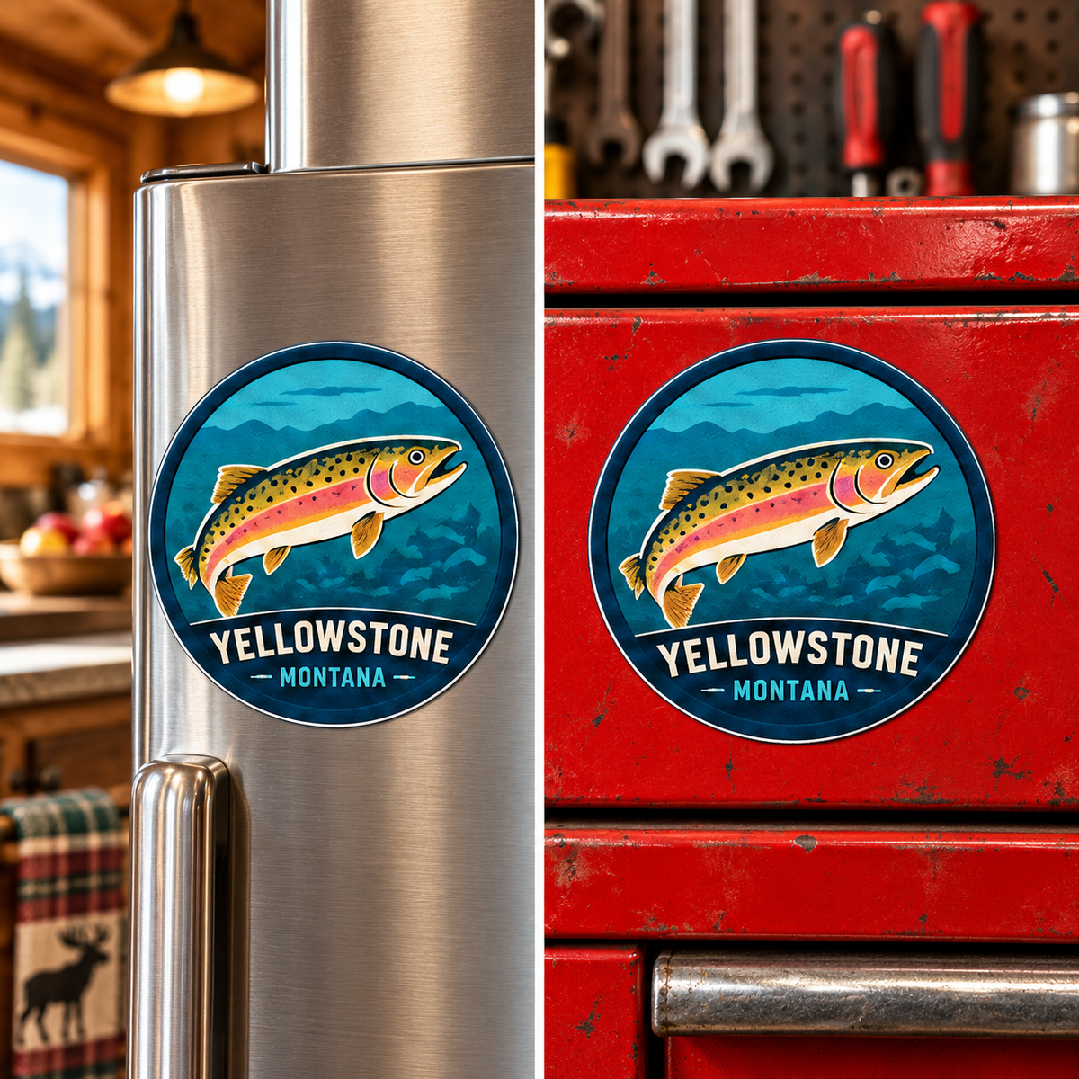 Yellowstone — Cutthroat Trout Magnet lifestyle scene: refrigerator and toolbox