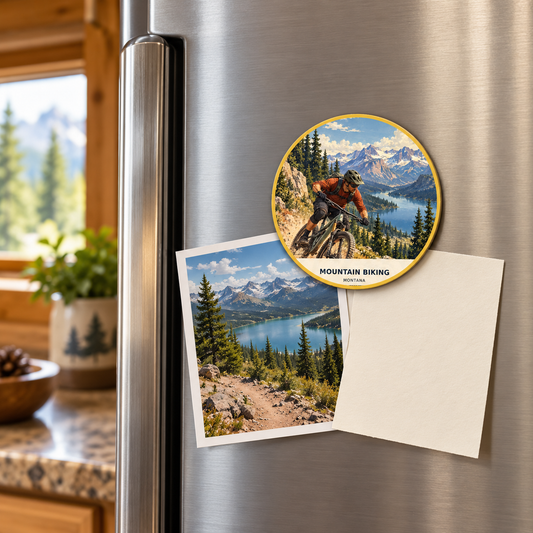 Mountain Biking Classic 2-inch magnet shown on a refrigerator