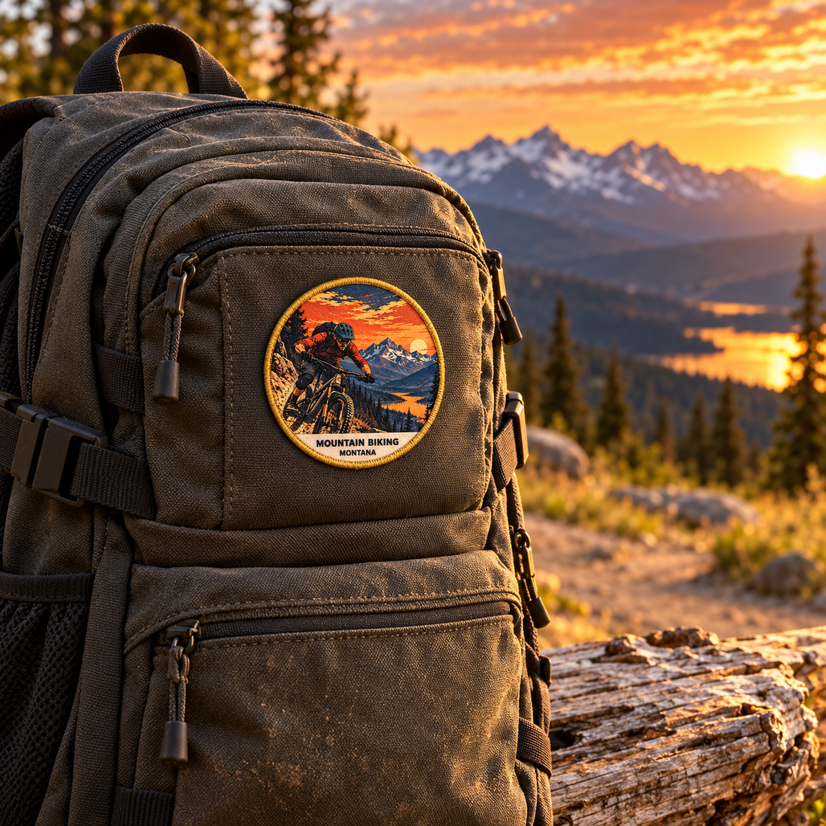 Mountain Biking Retro 2-inch patch shown on a backpack