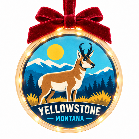 Yellowstone Pronghorn ornament — clear acrylic disc, narrow pale wood rim, burgundy bow