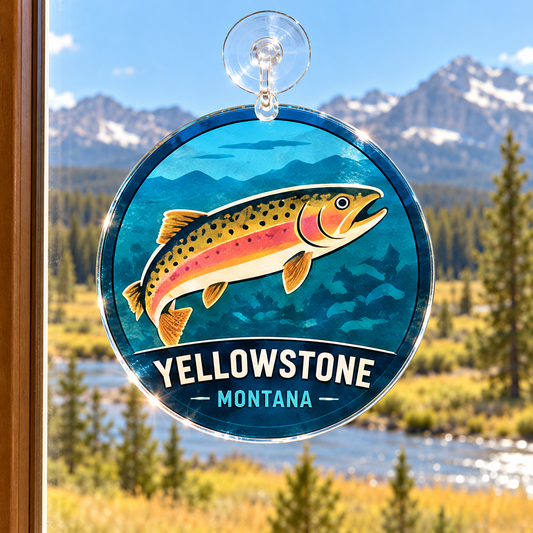 Yellowstone Cutthroat Trout acrylic suncatcher displayed in a cabin window