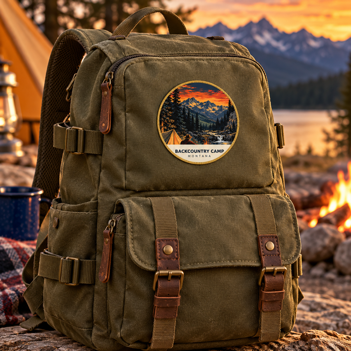 Backcountry Camp Retro patch lifestyle on olive backpack