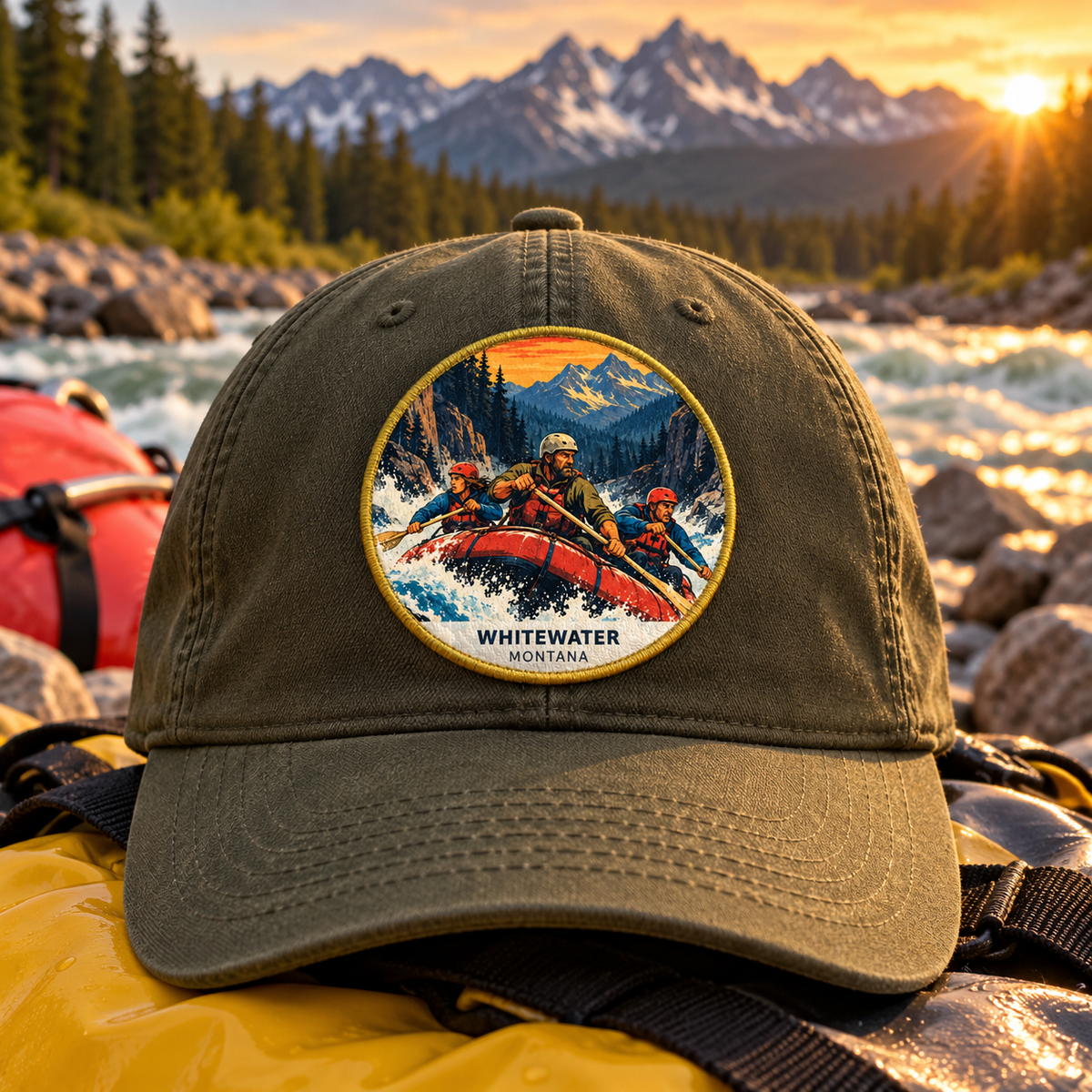 Whitewater Retro 2-inch patch shown on a cap