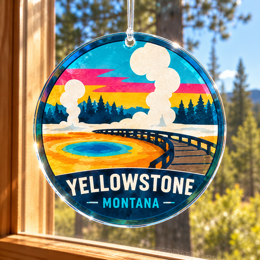 Yellowstone Geyser Basin acrylic suncatcher hanging in a sunny cabin window
