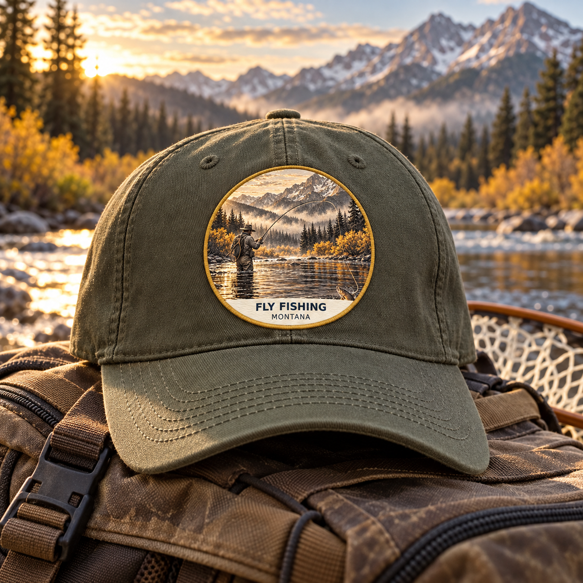 Fly Fishing Signature UV printed patch on a cap