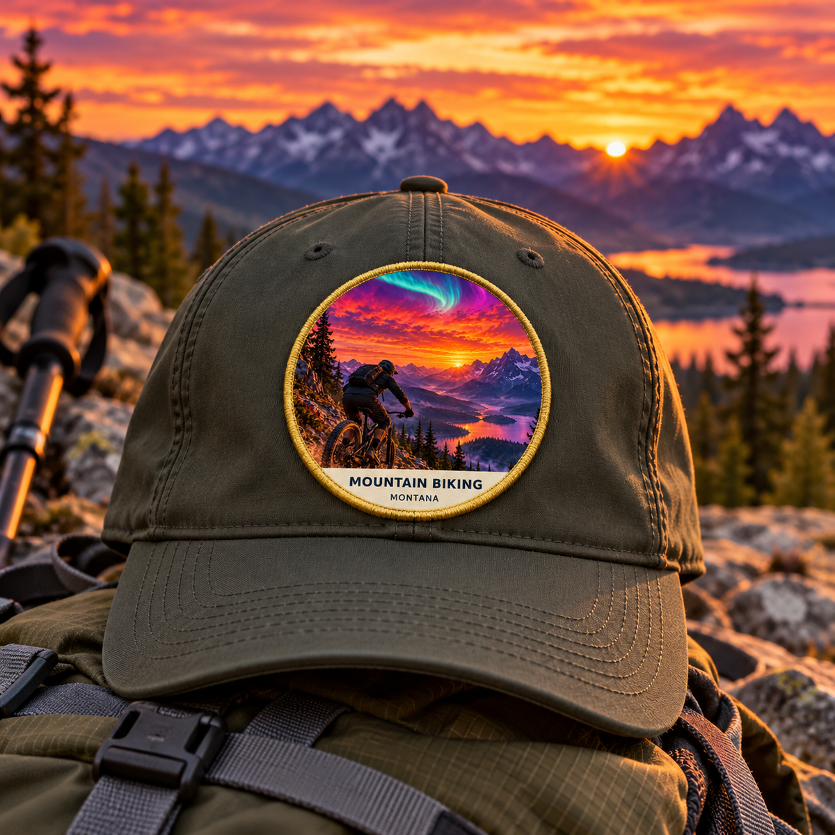 Mountain Biking Fusion 2-inch patch shown on a cap