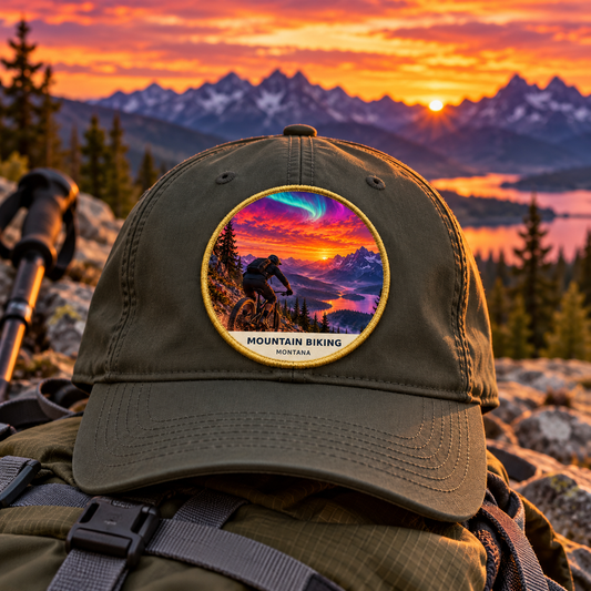 Mountain Biking Fusion 2-inch patch shown on a cap