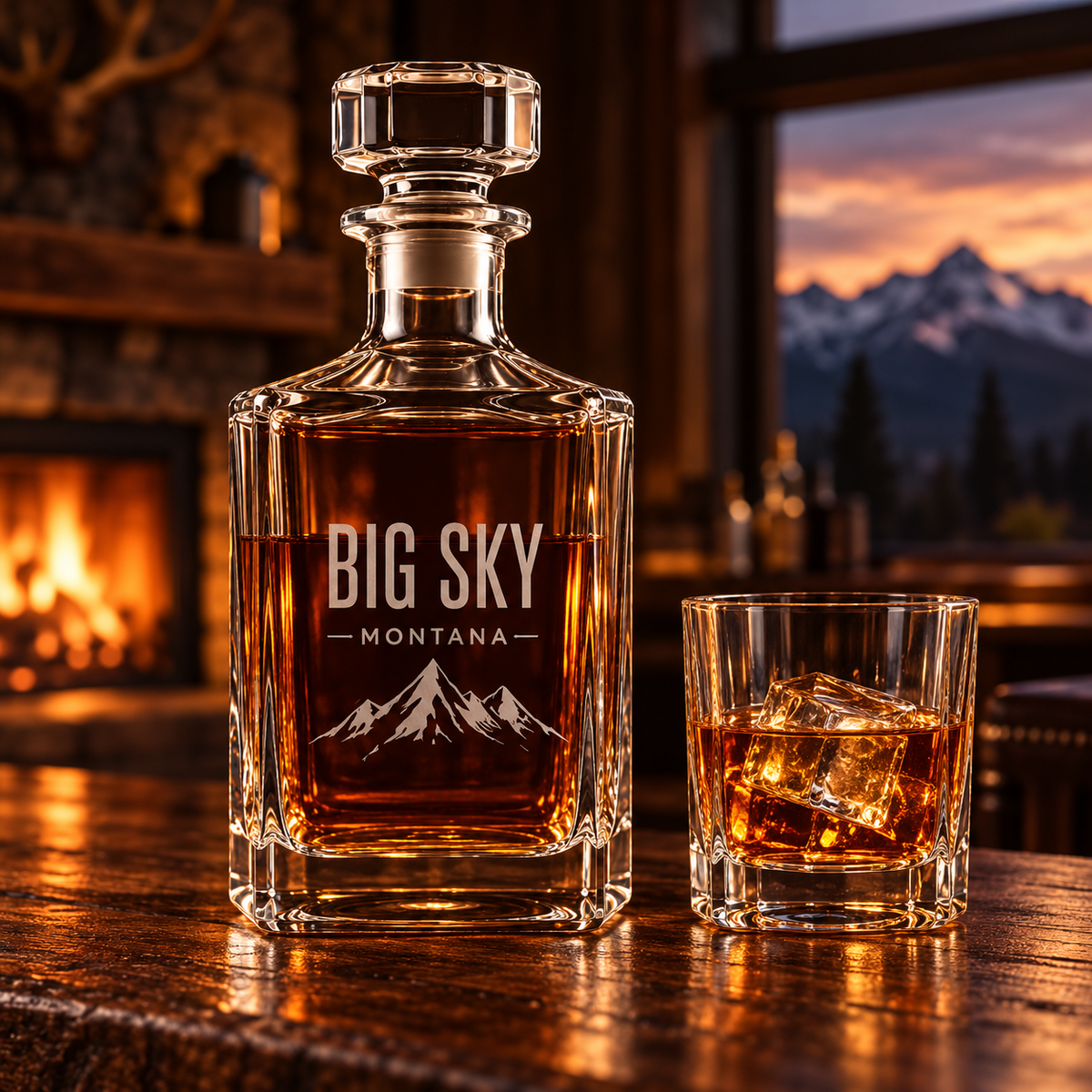 Big Sky Shadow whiskey decanter filled with amber whiskey beside a rocks glass on a Montana lodge bar
