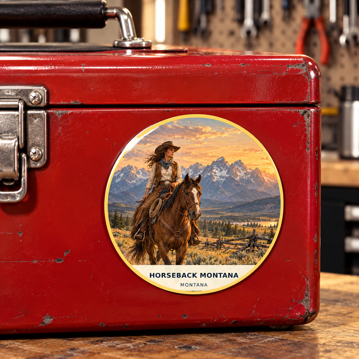Horseback Montana Signature magnet lifestyle on toolbox