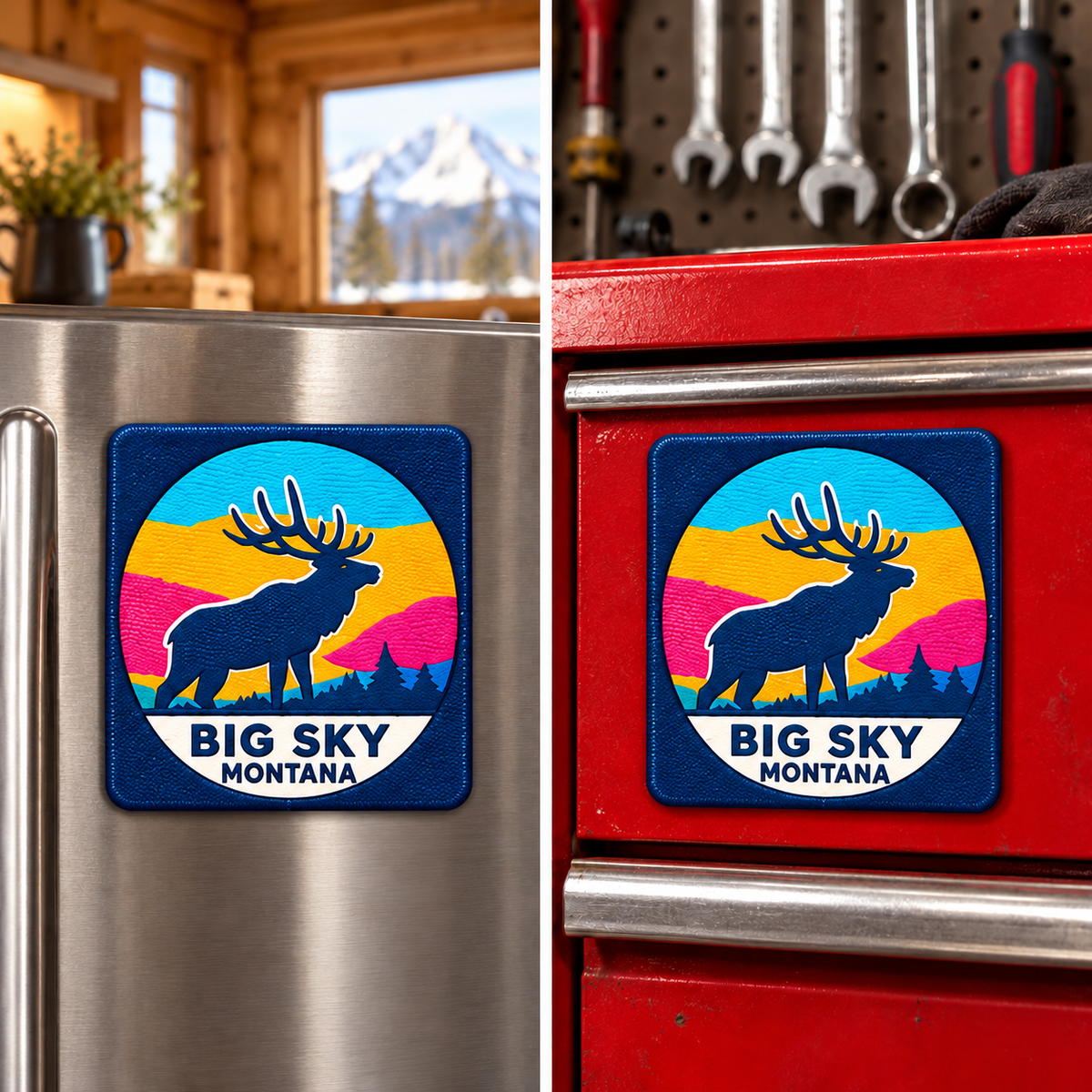 Square Big Sky Elk magnet shown on a refrigerator and toolbox