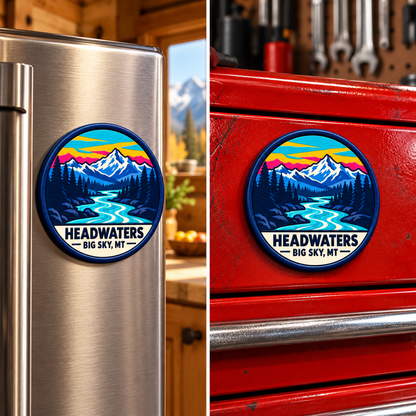 Big Sky Montana — Headwaters Magnet lifestyle scene: refrigerator and toolbox