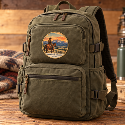 Horseback Montana Classic patch lifestyle on olive backpack
