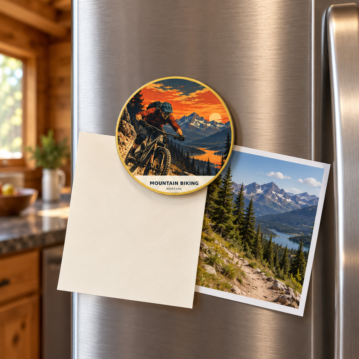 Mountain Biking Retro 2-inch magnet shown on a refrigerator
