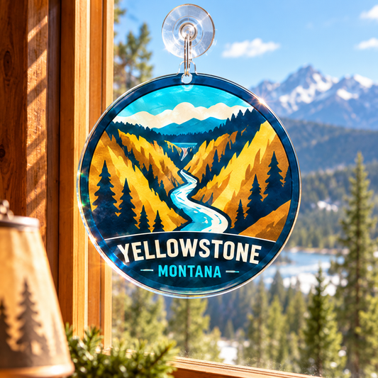 Yellowstone Grand Canyon acrylic suncatcher in a mountain cabin window