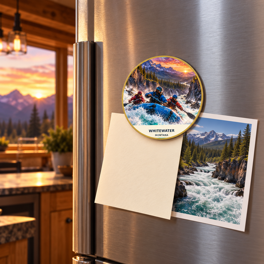Whitewater Fusion 2-inch magnet shown on a refrigerator