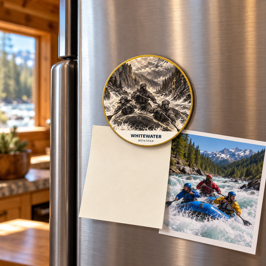 Whitewater Signature 2-inch magnet shown on a refrigerator