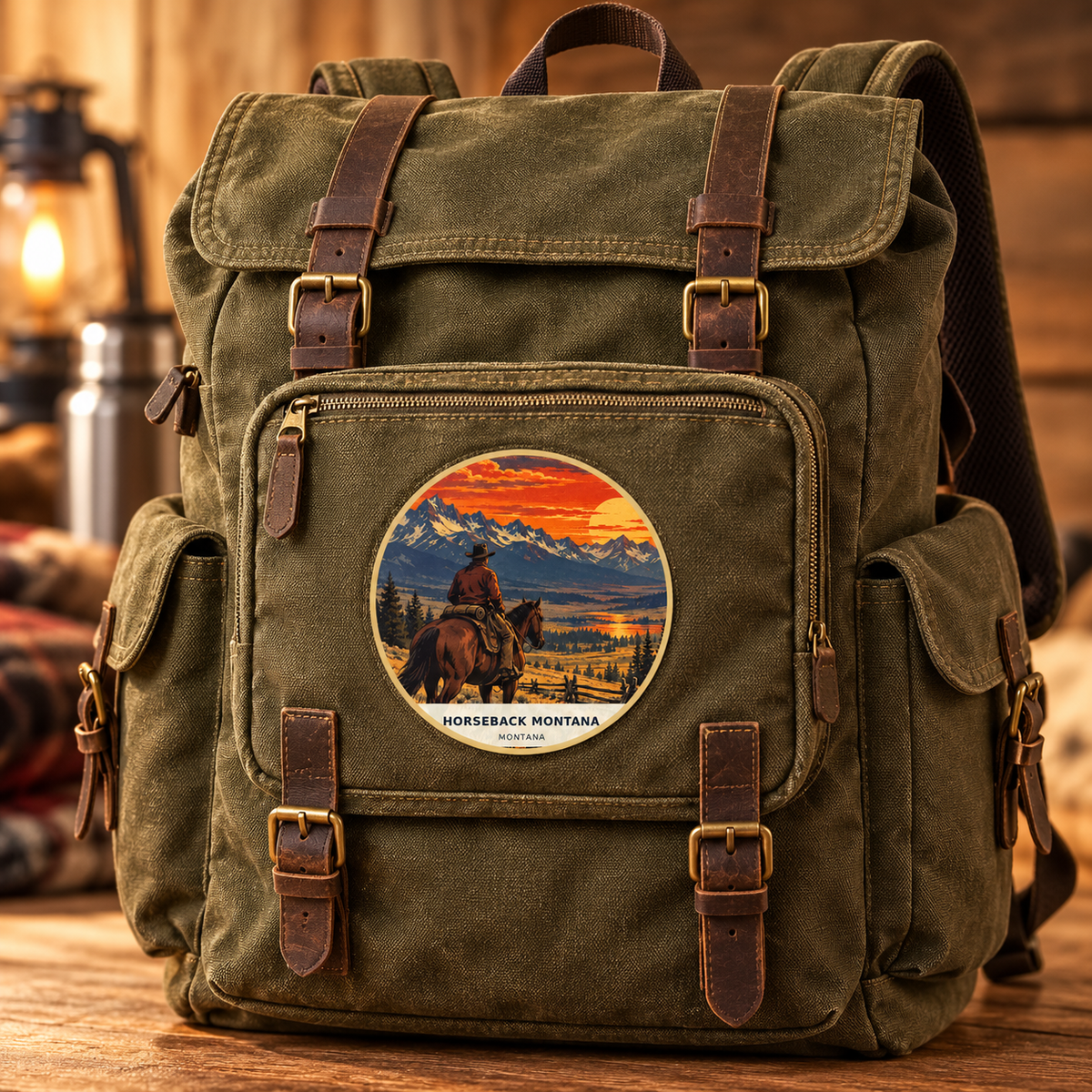 Horseback Montana Retro patch lifestyle on olive backpack