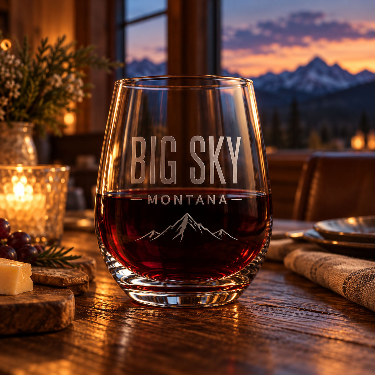 Big Sky Shadow stemless wine glass with red wine on a lodge dining table at dusk