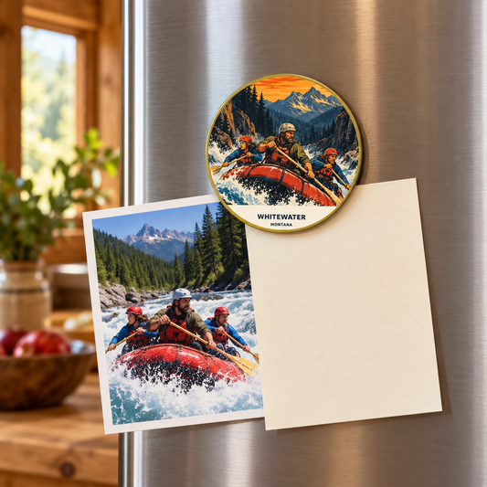 Whitewater Retro 2-inch magnet shown on a refrigerator