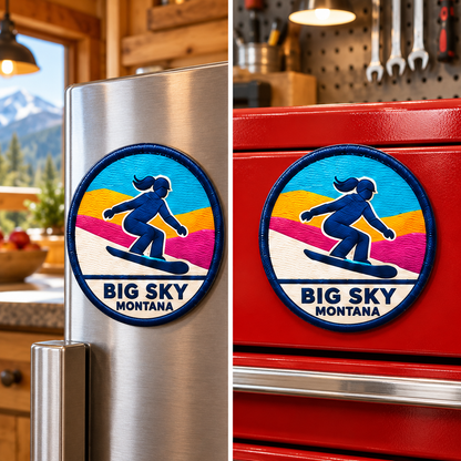 Big Sky Montana — Girl Snowboarder Magnet lifestyle scene: refrigerator and toolbox
