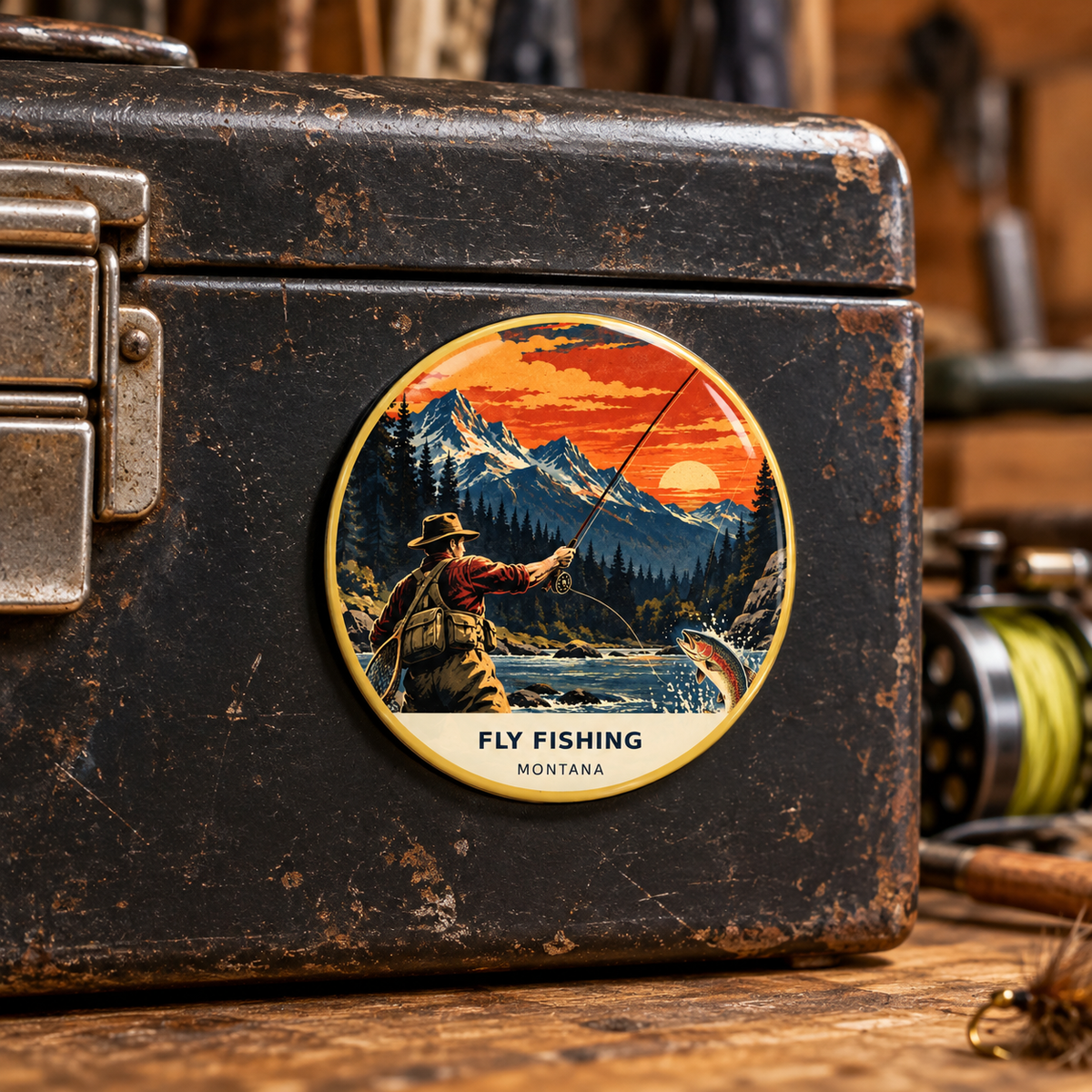 Fly Fishing Retro printed magnet on a toolbox
