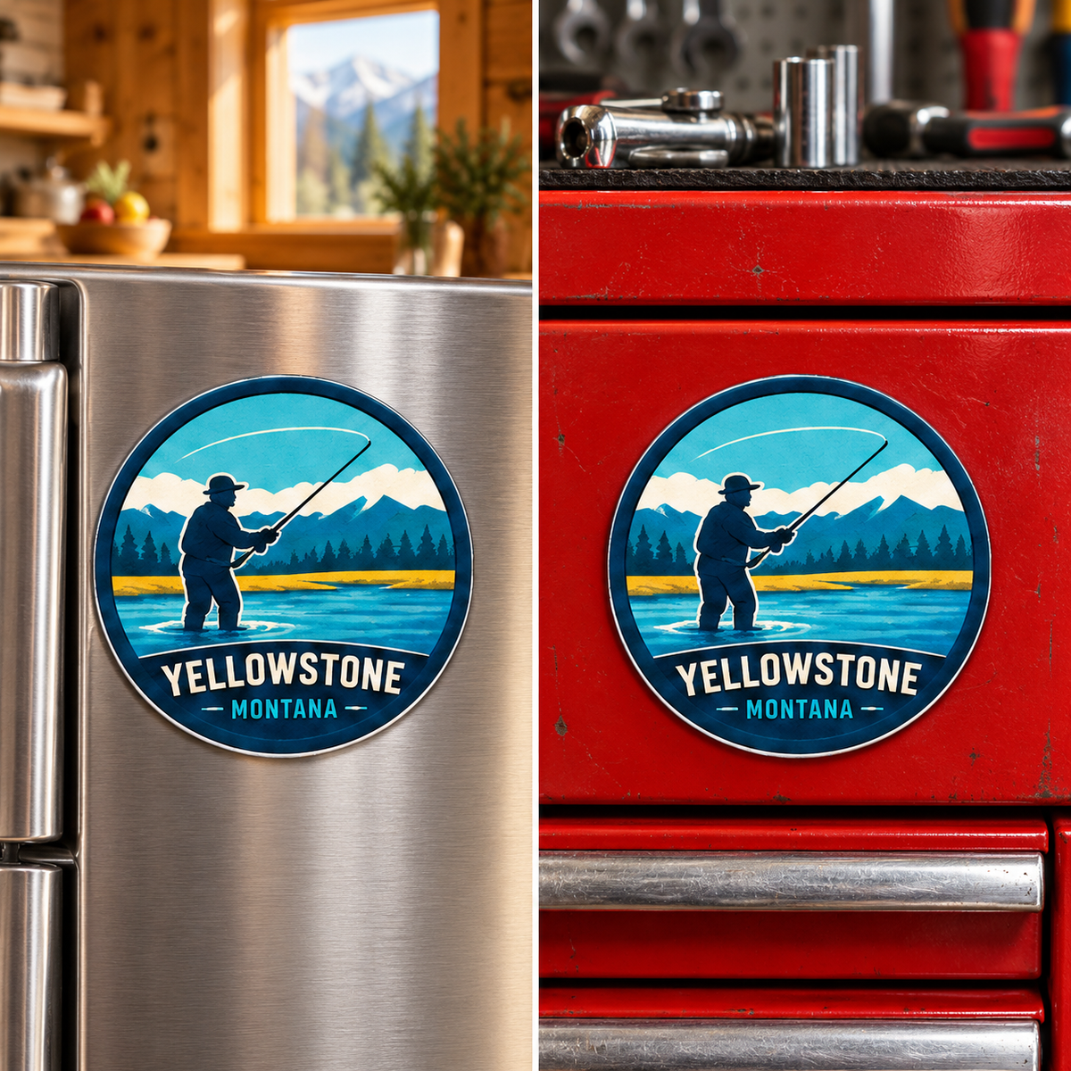 Yellowstone — Fly Fisherman Magnet lifestyle scene: refrigerator and toolbox