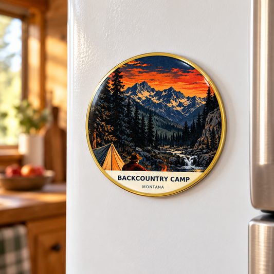 Backcountry Camp Retro magnet lifestyle on refrigerator
