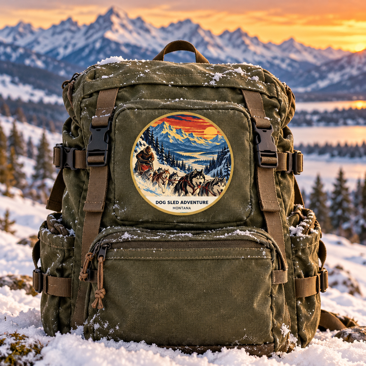 Dog Sled Adventure Retro UV printed patch on a backpack